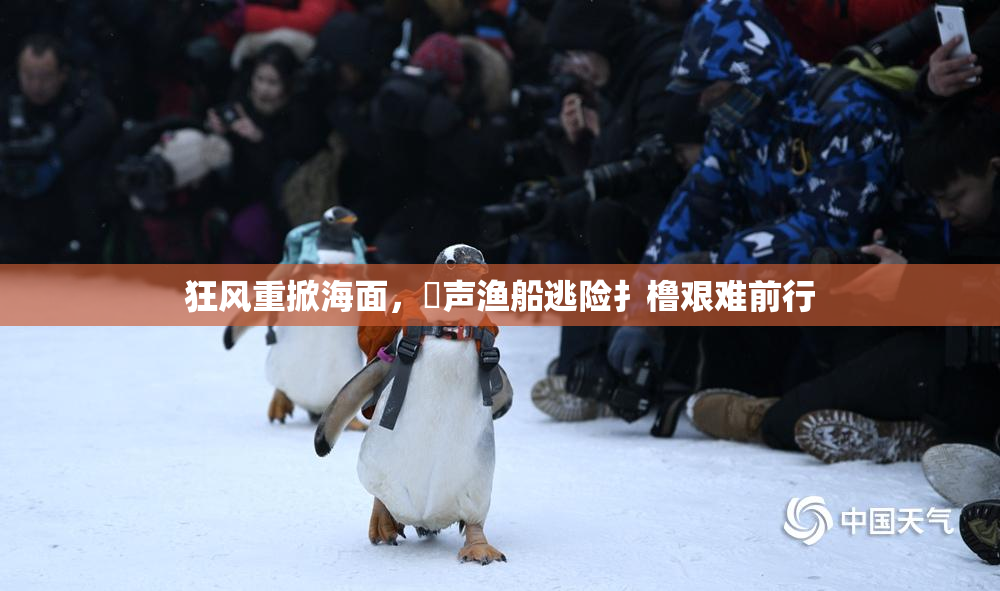 狂风重掀海面，喿声渔船逃险扌橹艰难前行